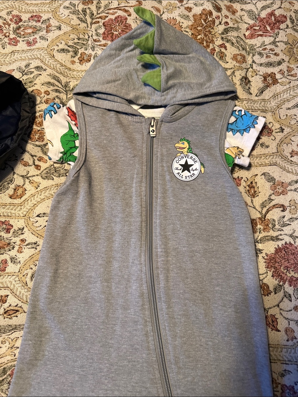 Converse Gray Hooded Dinosaur Sleeveless Zip Romper